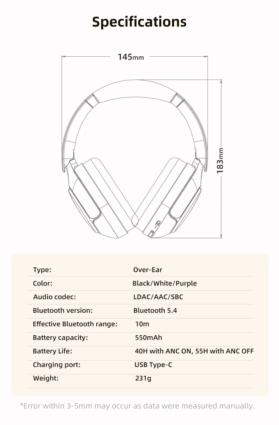 QCY H3 Pro ANC Wireless Headphone 50dB Noise Canceling Hi-Res Spatial Audio Earphone with LDAC Bluetooth 5.4 Over Ear Headset