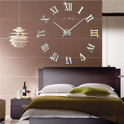 3D Acrylic Digital Wall Clock - Roman Numerals Mirror Design, Large Round DIY Self-Adhesive Clock