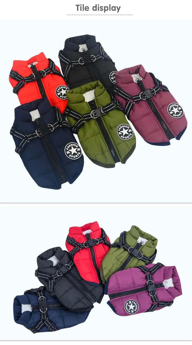 Large Pet Dog Jacket with Harness – Winter Warm Waterproof Coat for Big Dogs & Small Breeds