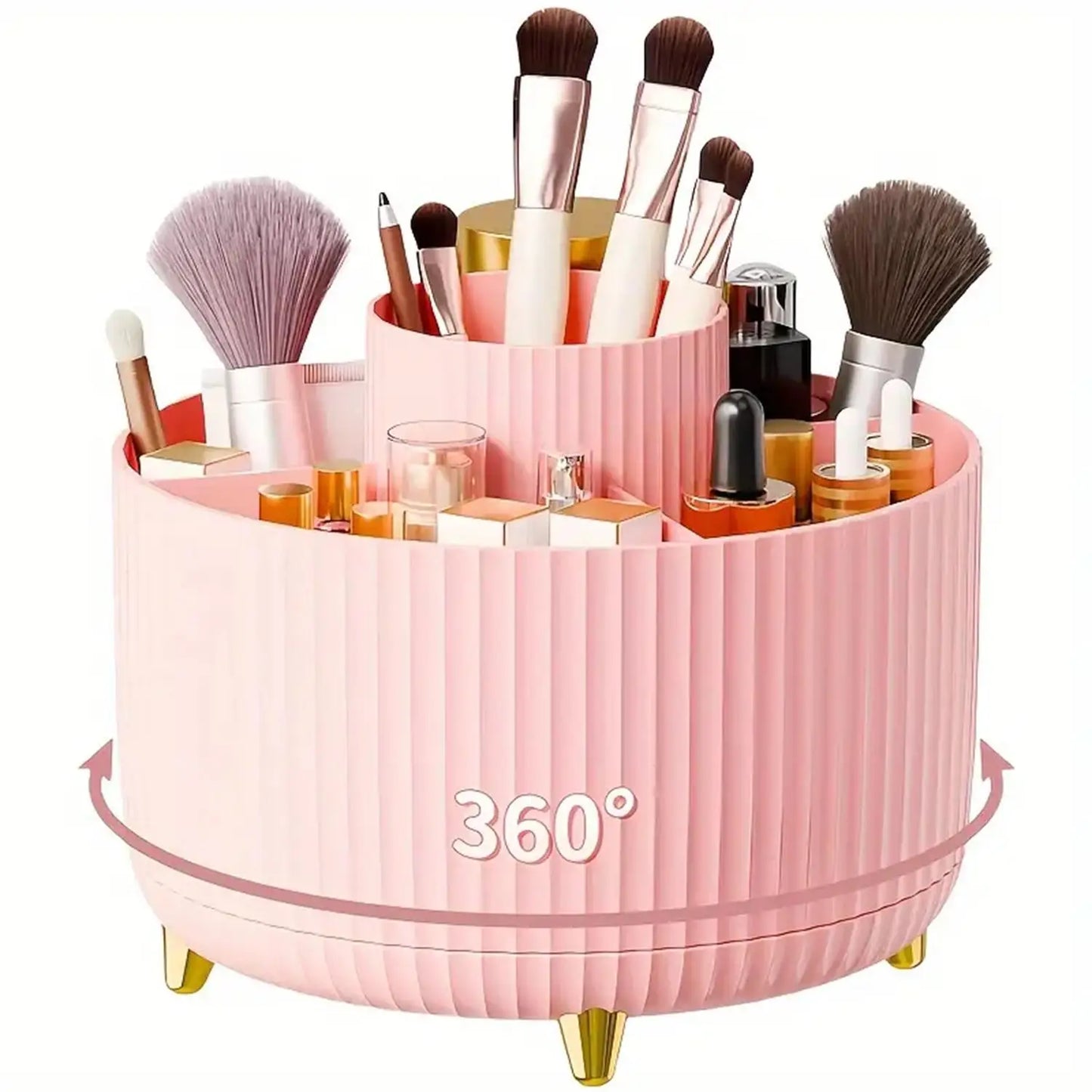 360° Rotating Makeup Organizer – Plastic Cosmetic Storage with 5 Compartments for Brushes