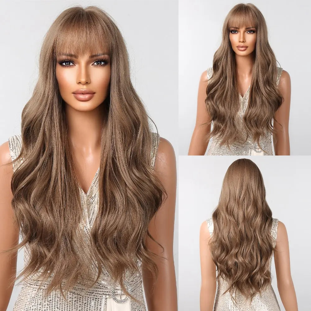 Brown Wavy Wig with Bangs for Women Heat-Resistant Synthetic Hair Cosplay