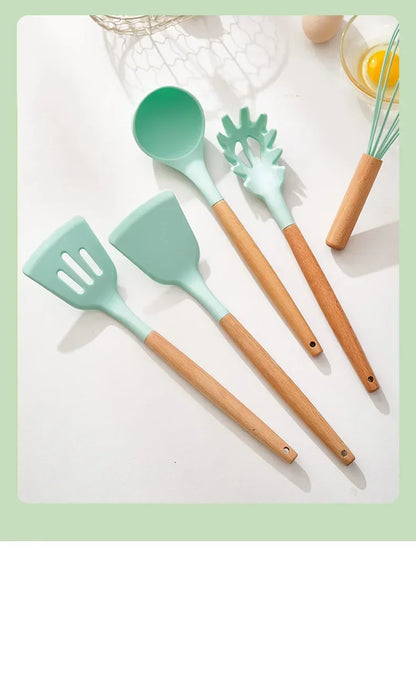 12Pcs Silicone Cooking Utensils Set with Wooden Handle, Non-Stick Kitchen Tools