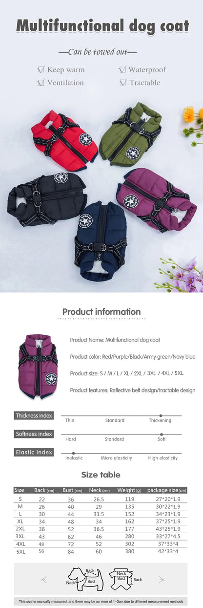 Large Pet Dog Jacket with Harness – Winter Warm Waterproof Coat for Big Dogs & Small Breeds