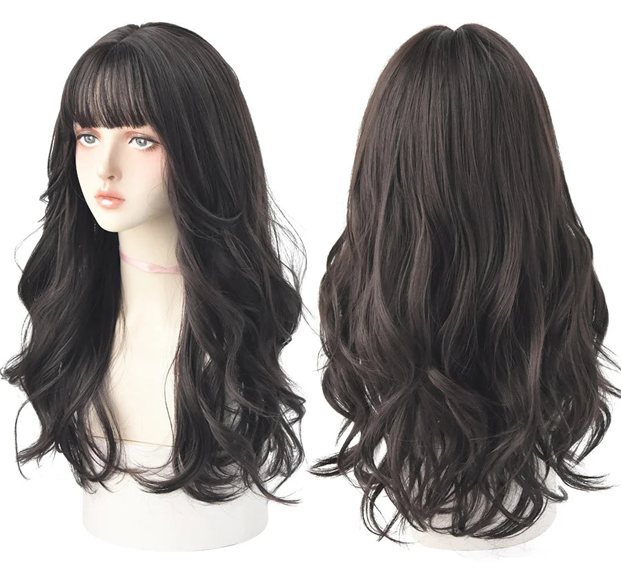 7JHH Popular Brown Ash Long Deep Wave Wig with Bangs for Women