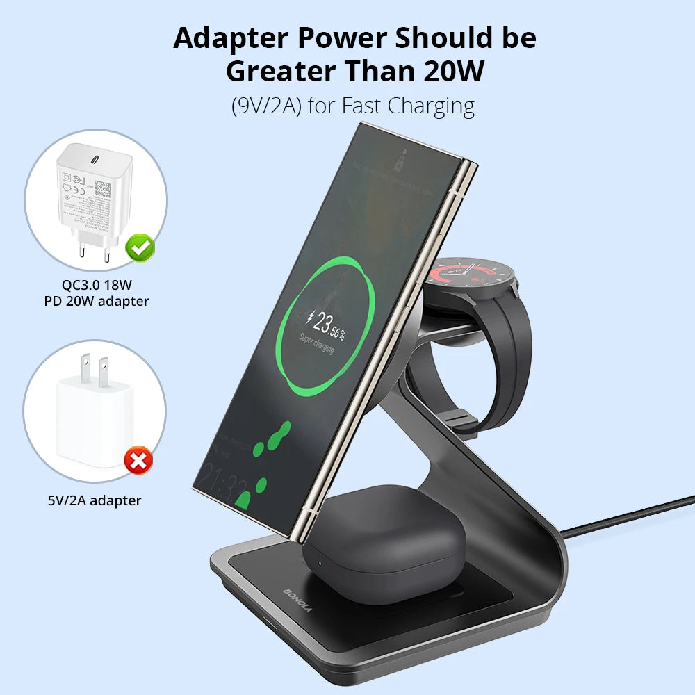 Bonola Magnetic 3-in-1 Wireless Charger Station - 25W Fast Charging Stand for Samsung S24 Ultra/S25, Galaxy Watch 7/6/5 & Earbuds