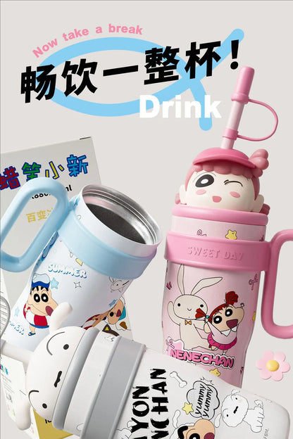 800ML Crayon Shin-Chan Stainless Steel Thermos Cup – Large Capacity with Handle & Straw for Kids