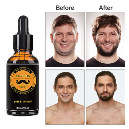 Beard Growth Kit for Men - Essential Oil, Moisturizing Wax, Growth Roller, Comb, and Styling Scissors for Beard Care