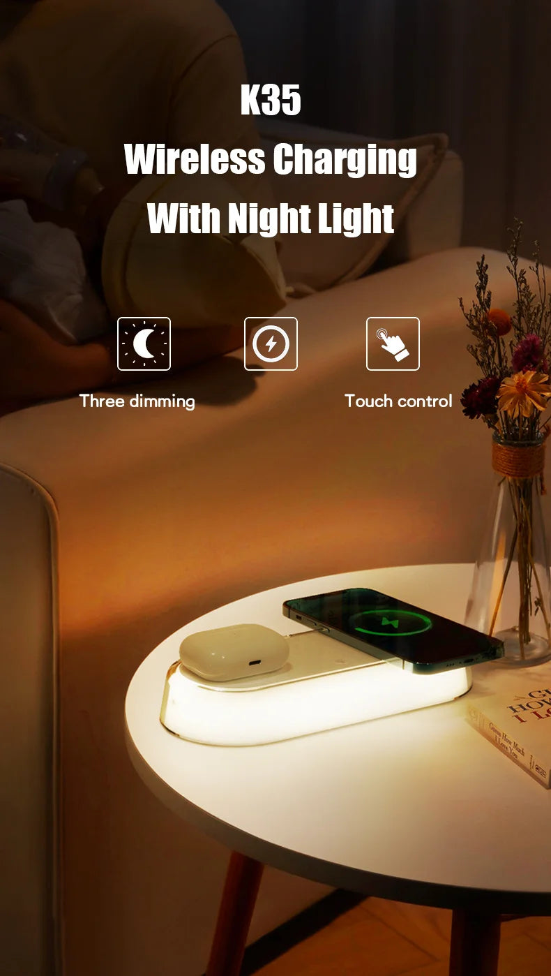 Wireless Charger Alarm Clock - 15W Fast Charging Dock with LED Light, Thermometer & Earphone Stand for iPhone & Samsung