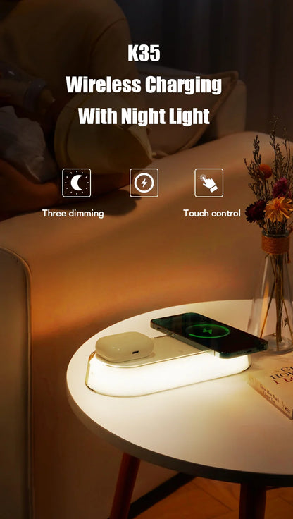 Wireless Charger Alarm Clock - 15W Fast Charging Dock with LED Light, Thermometer & Earphone Stand for iPhone & Samsung