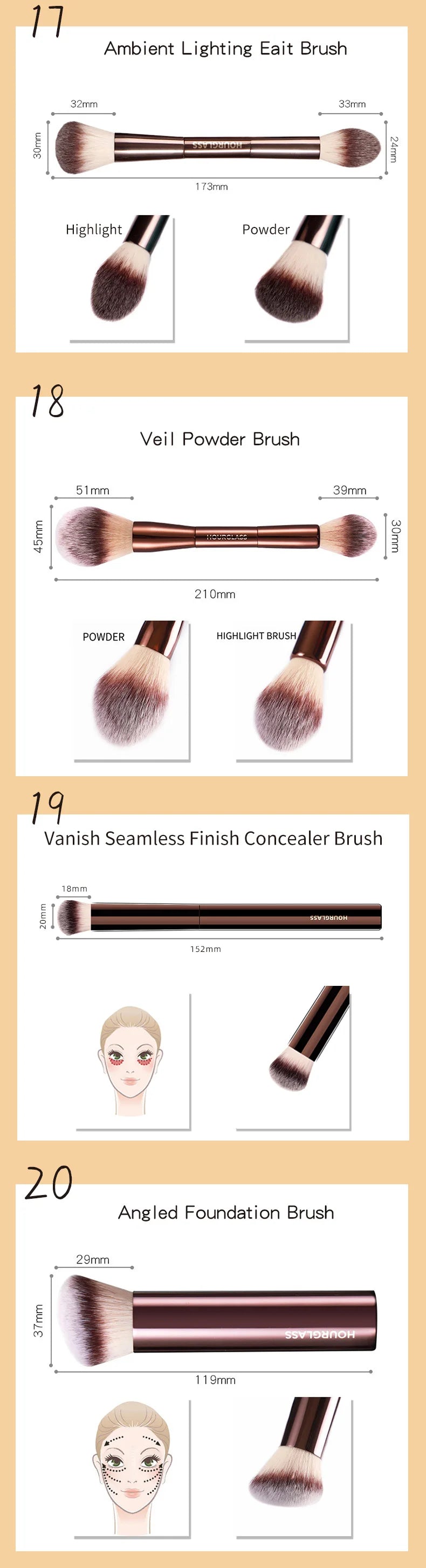 Hourglass Makeup Brush Set – Powder, Foundation, Concealer, Lip, Blusher, Bronzer & Eyeshadow Brushes