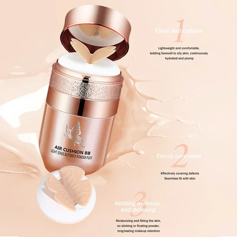 Air Cushion BB Cream with Butterfly Powder Puff – Moisturizing, Whitening, and Waterproof Foundation
