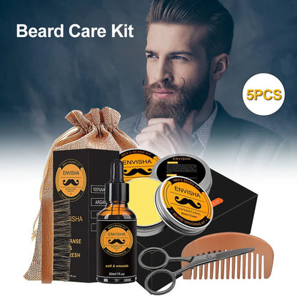 Beard Growth Kit for Men - Essential Oil, Moisturizing Wax, Growth Roller, Comb, and Styling Scissors for Beard Care