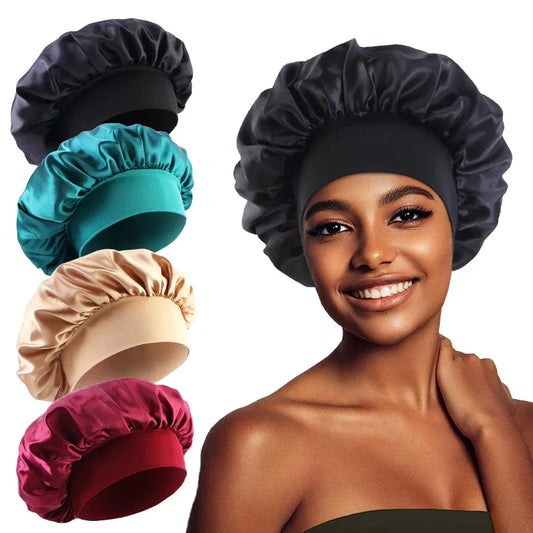 1PC Women's Satin Bonnets - Wide-Brimmed Night Sleeping & Bathing Hat with Elastic Band for Hair Care