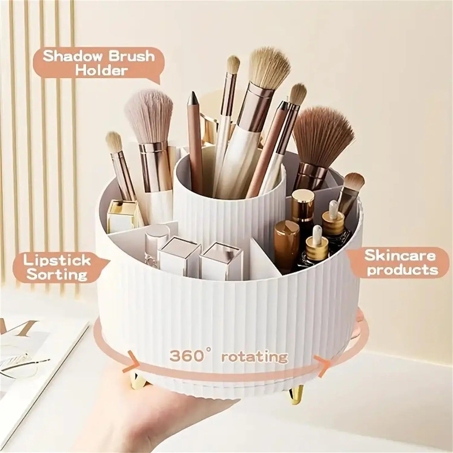 360° Rotating Makeup Organizer – Plastic Cosmetic Storage with 5 Compartments for Brushes