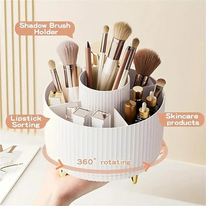 360° Rotating Makeup Organizer – Plastic Cosmetic Storage with 5 Compartments for Brushes