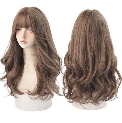 7JHH Popular Brown Ash Long Deep Wave Wig with Bangs for Women