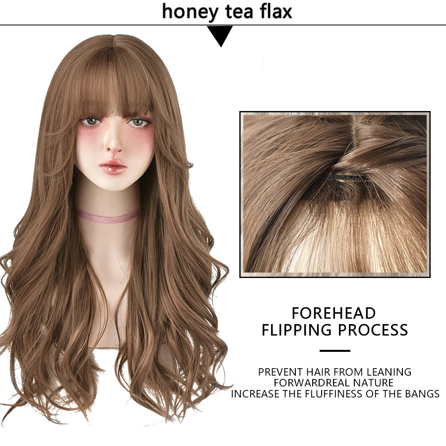 7JHH Popular Brown Ash Long Deep Wave Wig with Bangs for Women