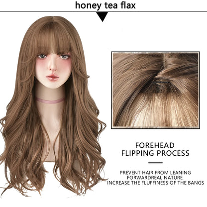7JHH Popular Brown Ash Long Deep Wave Wig with Bangs for Women