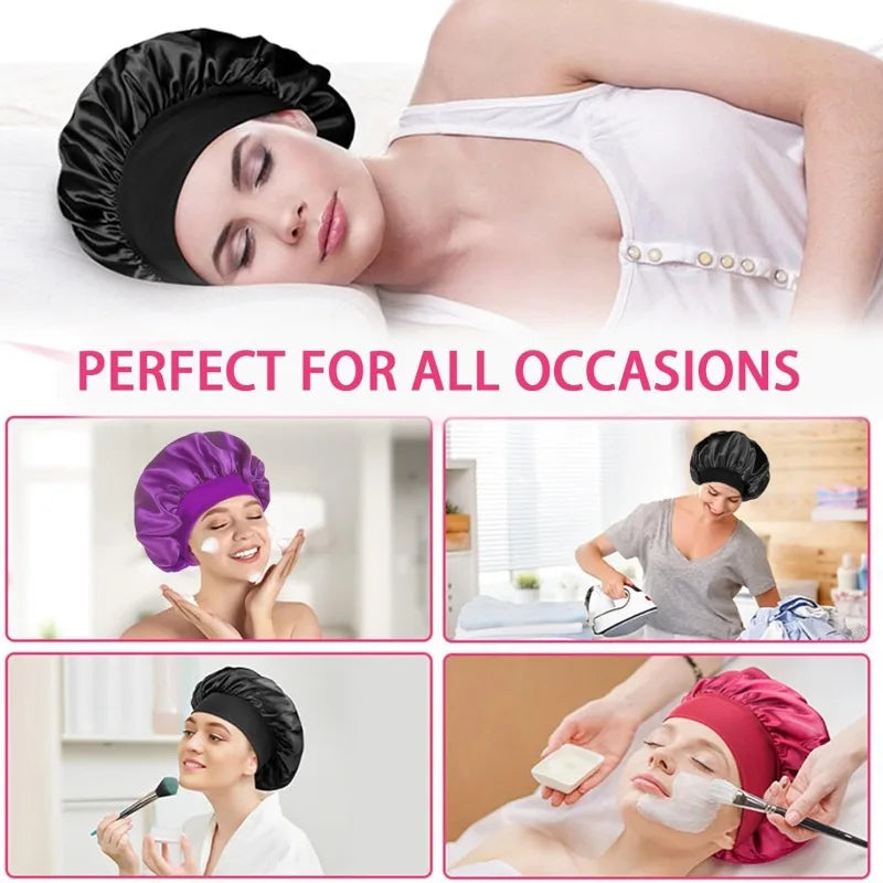 1PC Women's Satin Bonnets - Wide-Brimmed Night Sleeping & Bathing Hat with Elastic Band for Hair Care