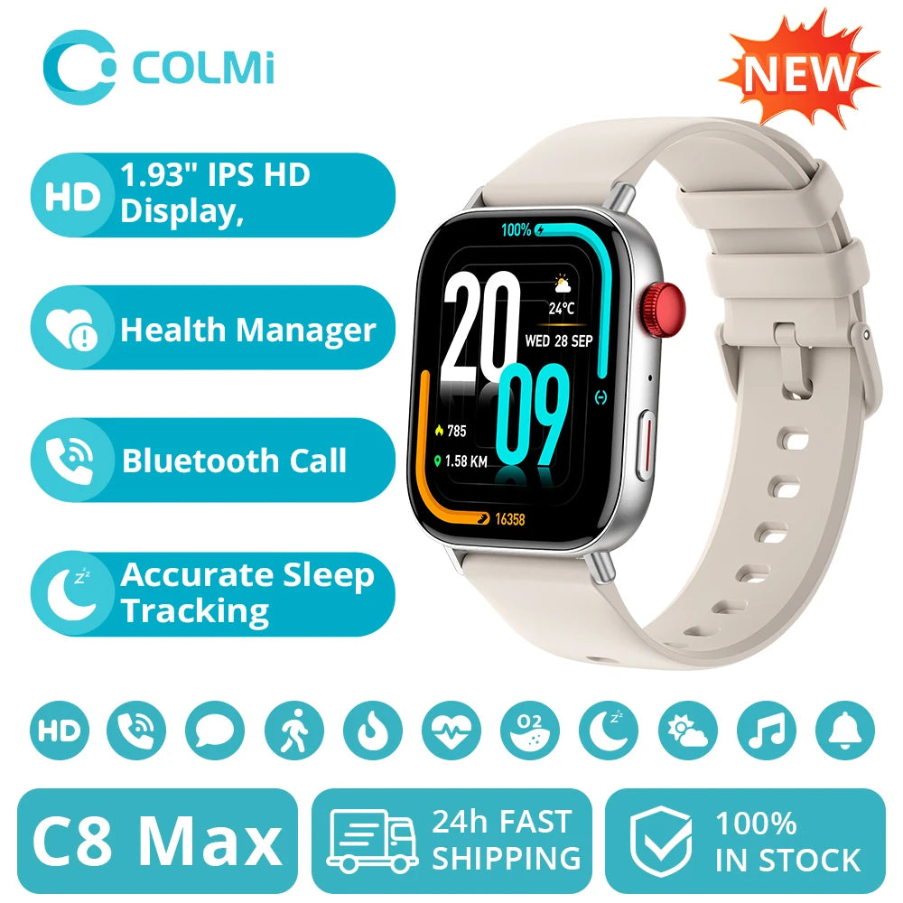 COLMI C8 Max Voice Calling Smart Watch, 1.93" HD Color Display, Health & Fitness Tracking for Men & Women
