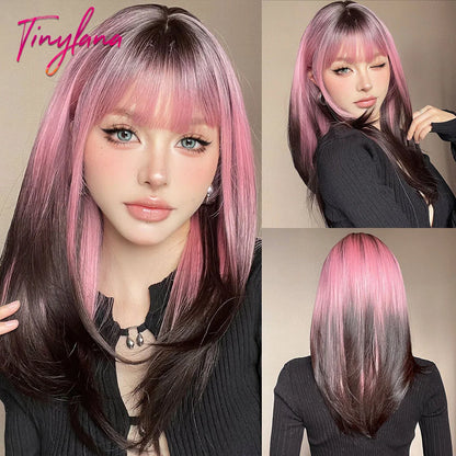 Heat-Resistant Brown Ombre Synthetic Wig with Bangs & Layers for Women