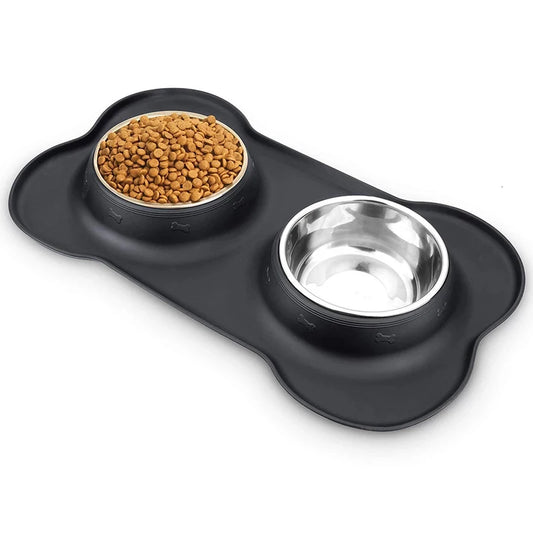 Antislip Double Dog Bowl with Silicone Mat – Durable Stainless Steel Water & Food Feeder for Pets