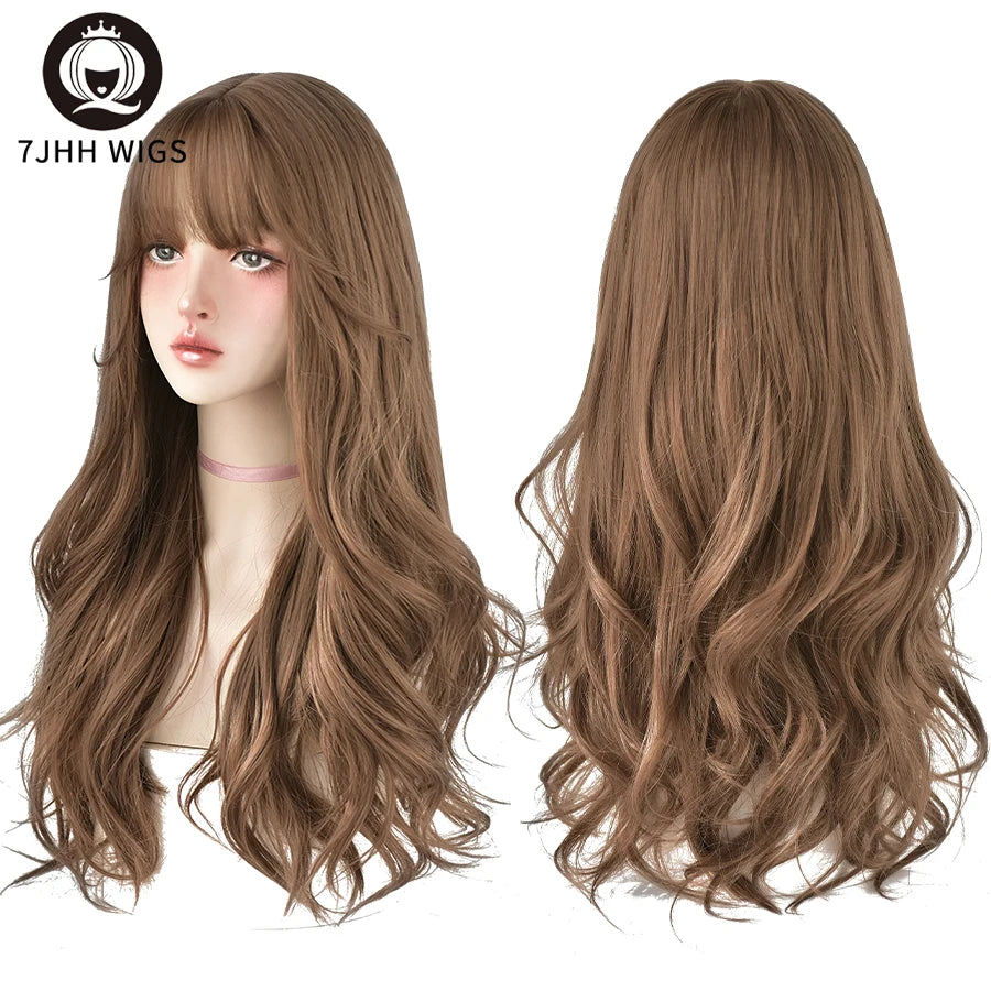 7JHH Popular Brown Ash Long Deep Wave Wig with Bangs for Women
