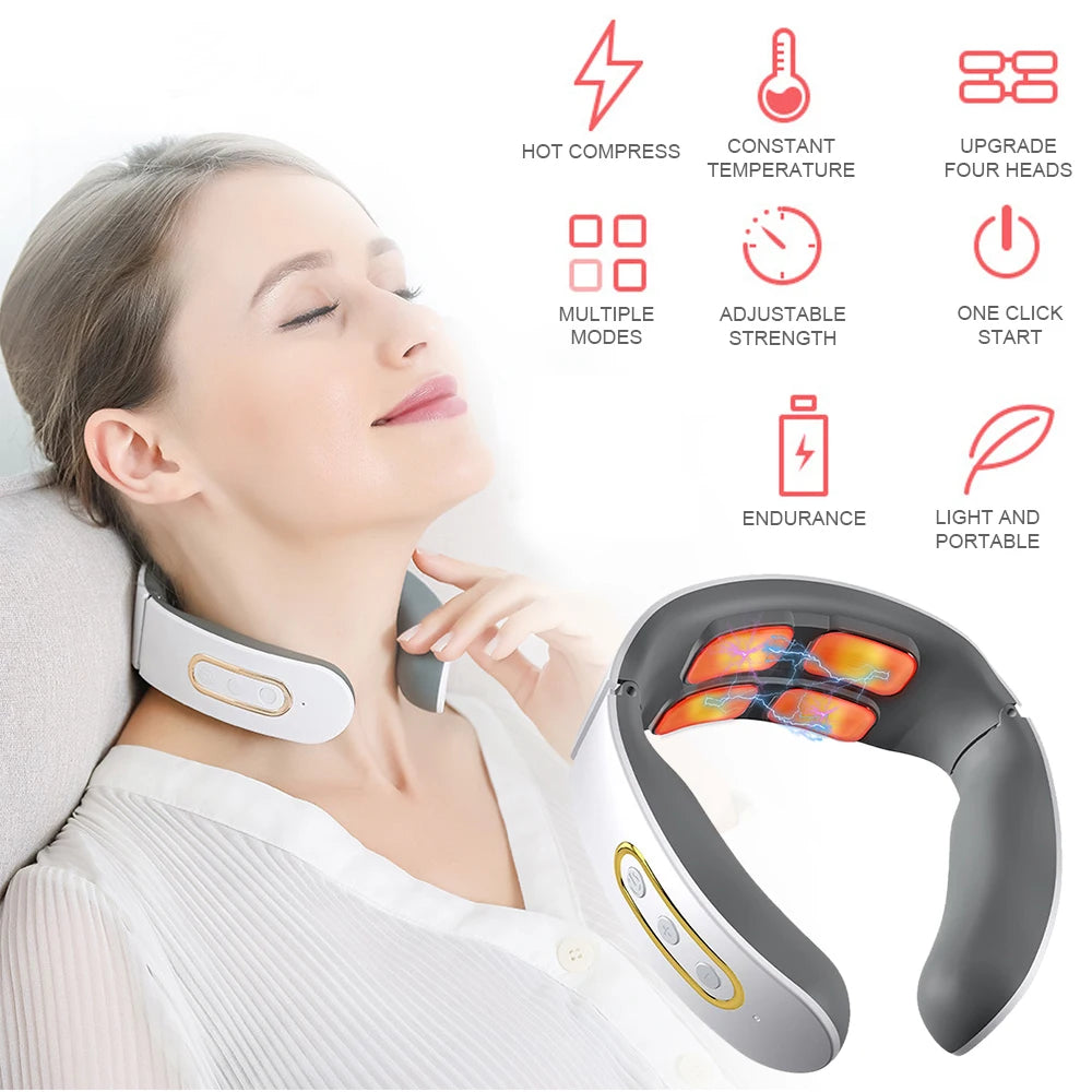 Electric Neck & Shoulder Pulse Massager 4-Head TENS Magnetic Heating for Pain Relief