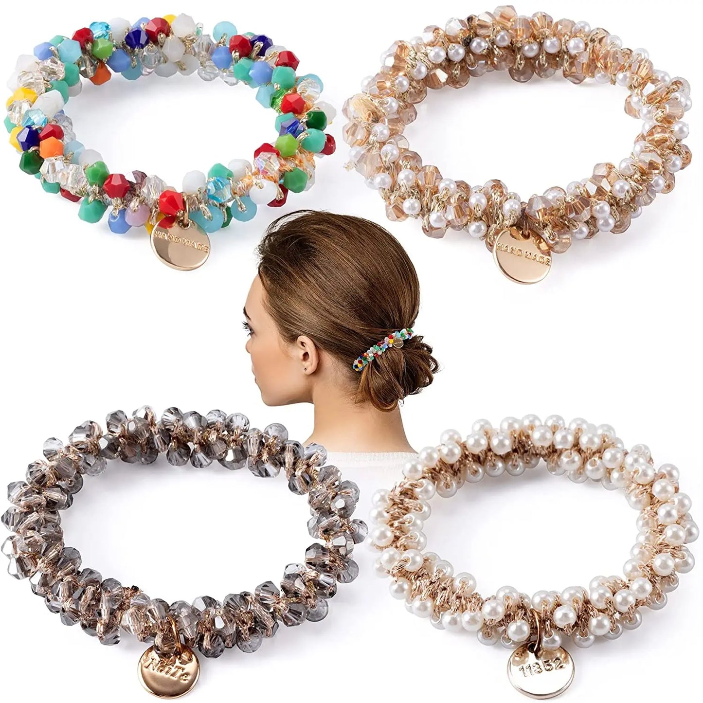 Crystal Pearls Hair Rope Handmade Elastic Beaded Ponytail Holder for Women & Girls Hair Accessories