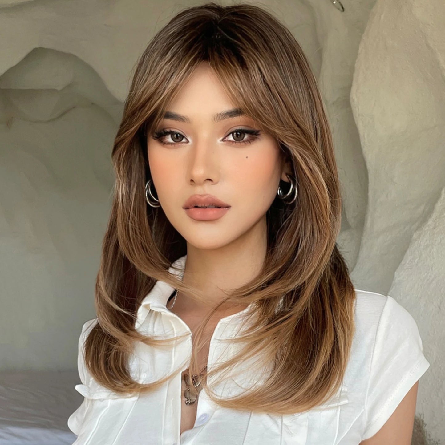Heat-Resistant Brown Ombre Synthetic Wig with Bangs & Layers for Women