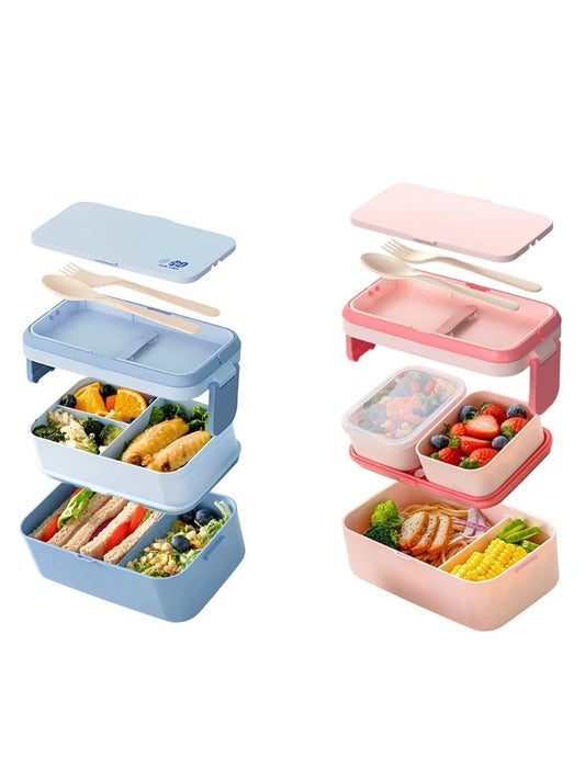 2-Layer Bento Box with Handle, Large Capacity Leak-Proof Lunch Box for Kids, Microwave Safe