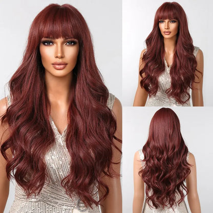 Brown Wavy Wig with Bangs for Women Heat-Resistant Synthetic Hair Cosplay