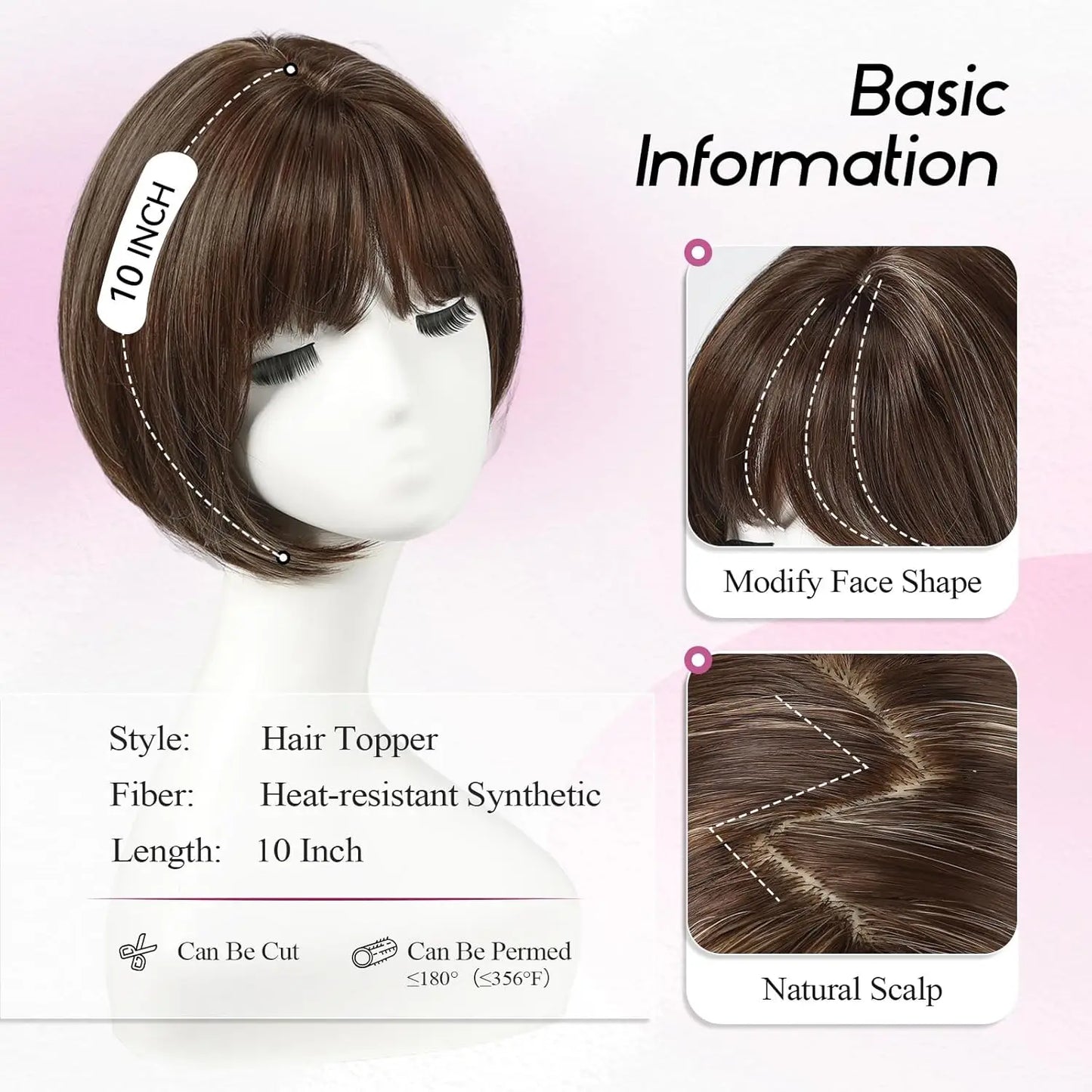 10" Synthetic Bob Hair Topper for Women with Large 7" × 7" Base for Thinning Hair
