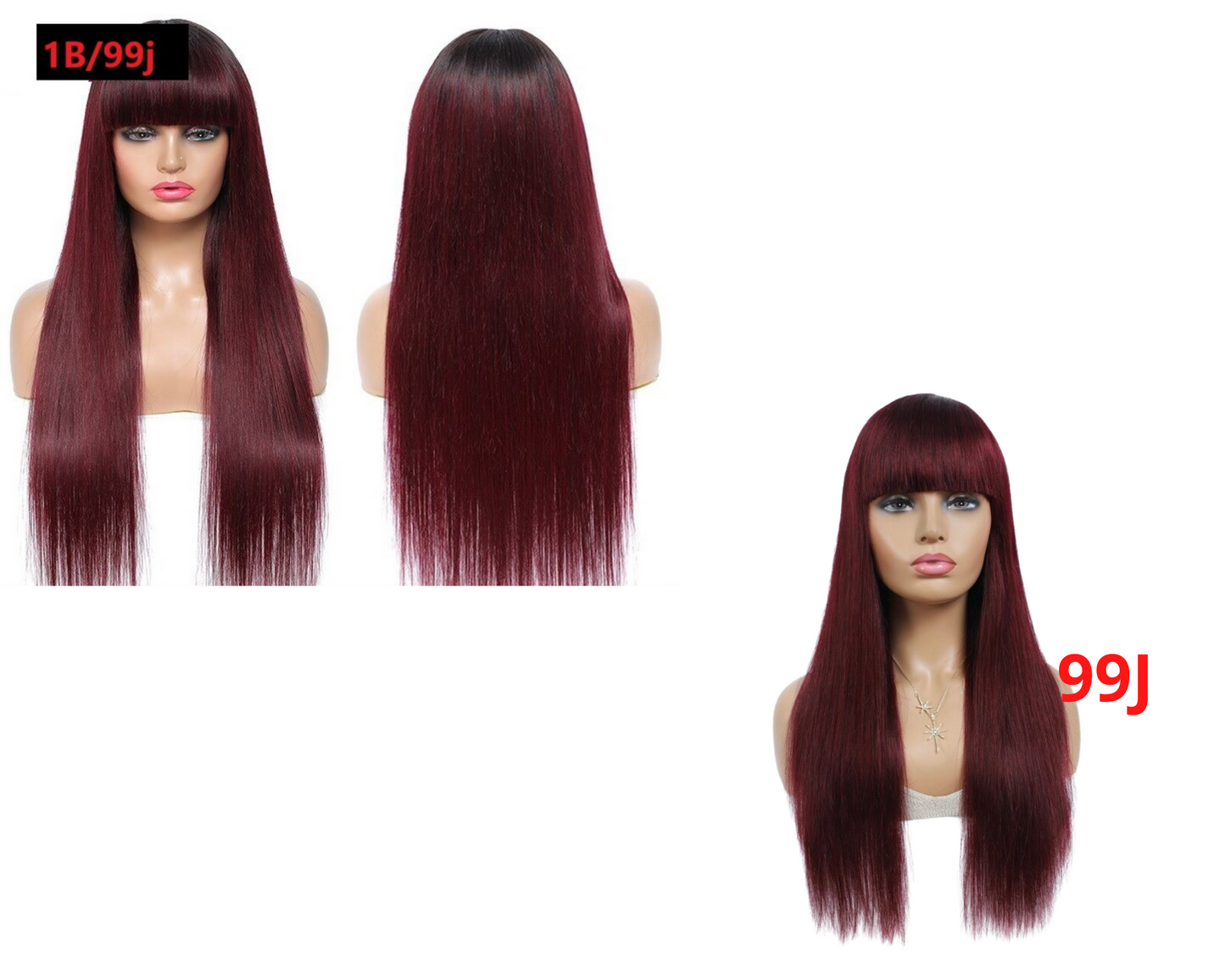 Brazilian Straight Human Hair Wigs with Bangs #99J No Glue Wig