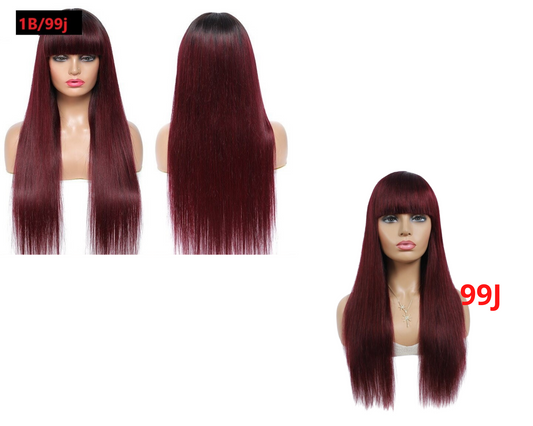 Brazilian Straight Human Hair Wigs with Bangs #99J No Glue Wig