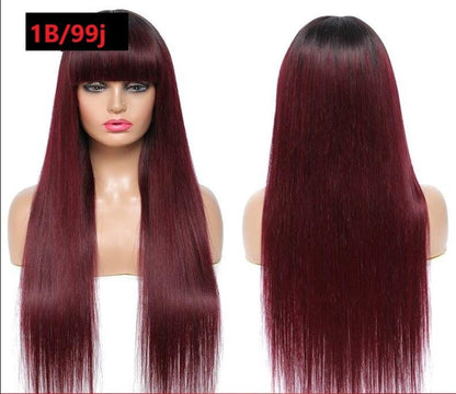 Brazilian Straight Human Hair Wigs with Bangs #99J No Glue Wig