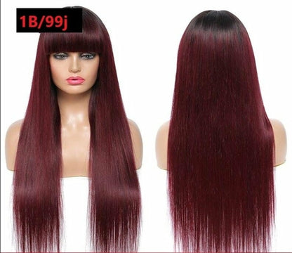 Brazilian Straight Human Hair Wigs with Bangs #99J No Glue Wig