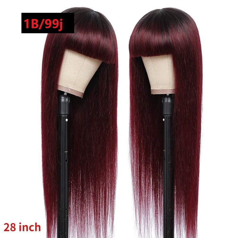 Brazilian Straight Human Hair Wigs with Bangs #99J No Glue Wig