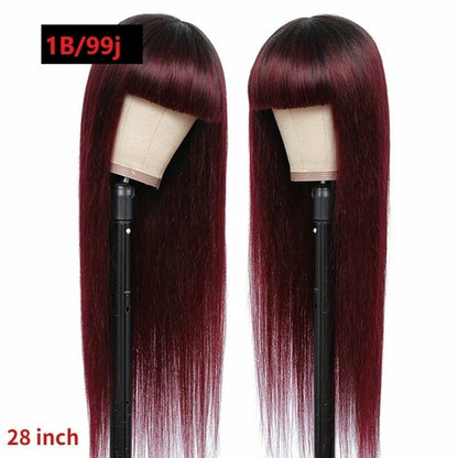 Brazilian Straight Human Hair Wigs with Bangs #99J No Glue Wig