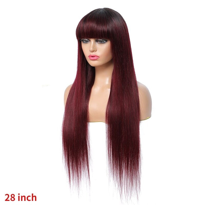 Brazilian Straight Human Hair Wigs with Bangs #99J No Glue Wig