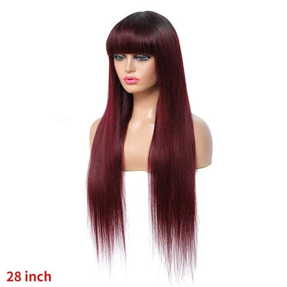 Brazilian Straight Human Hair Wigs with Bangs #99J No Glue Wig